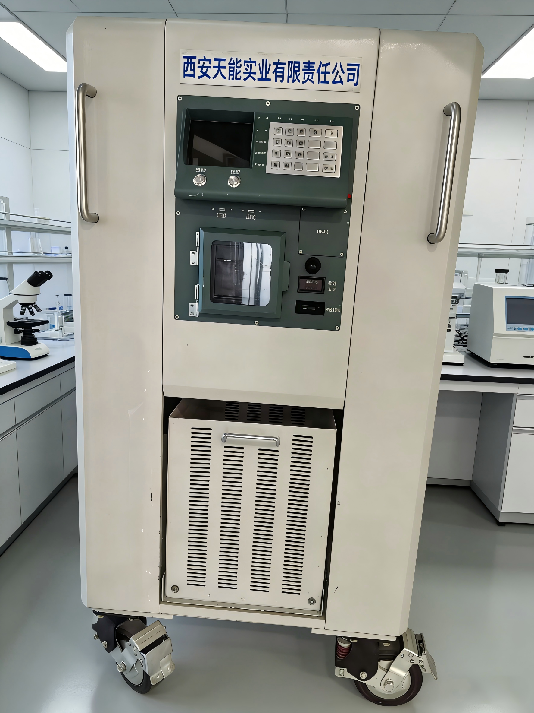 实验室用精密检测设备，白色台式仪器，各种连接线缆，实验室环境